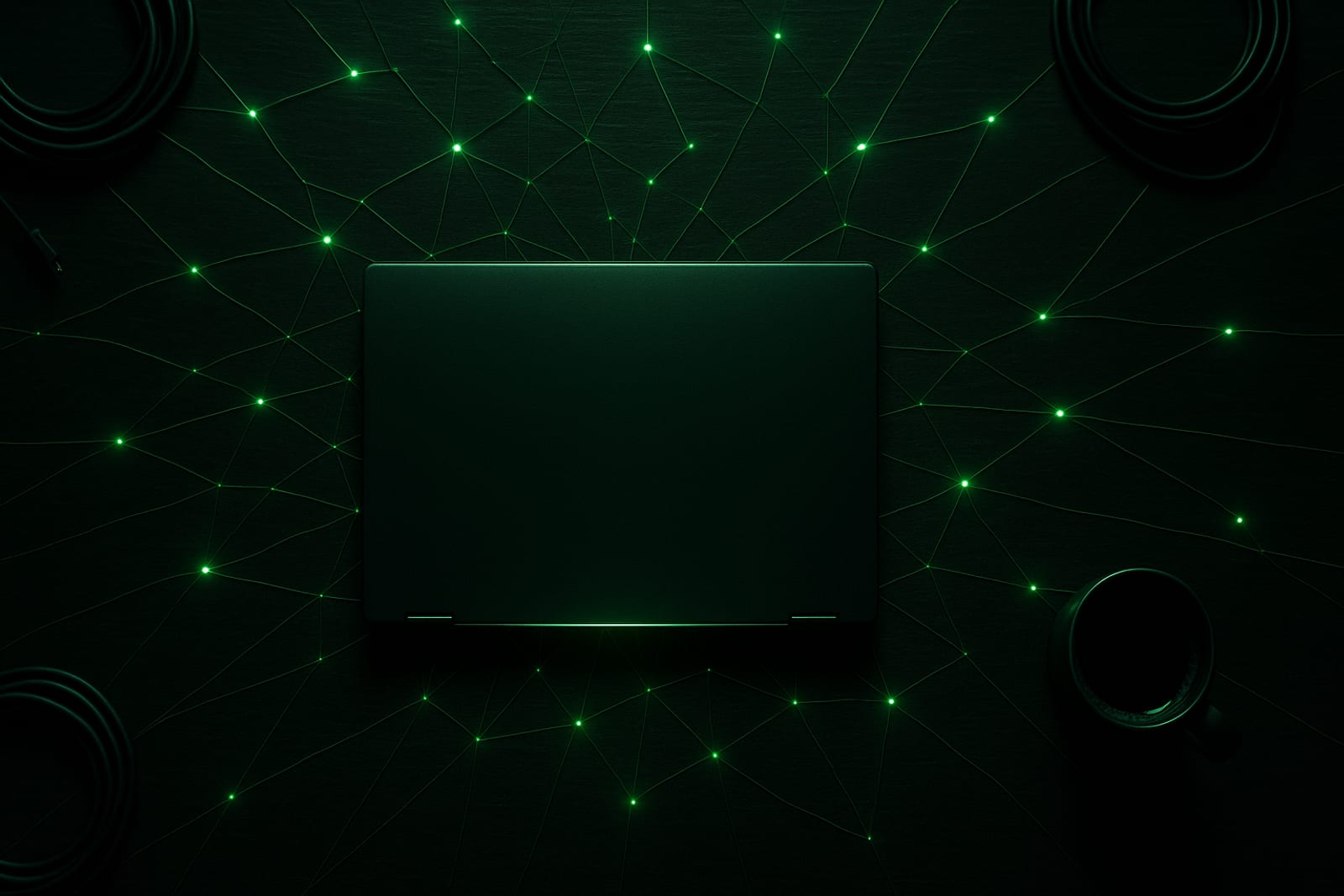 A closed laptop in the center of a glowing amber network of nodes on a dark desk